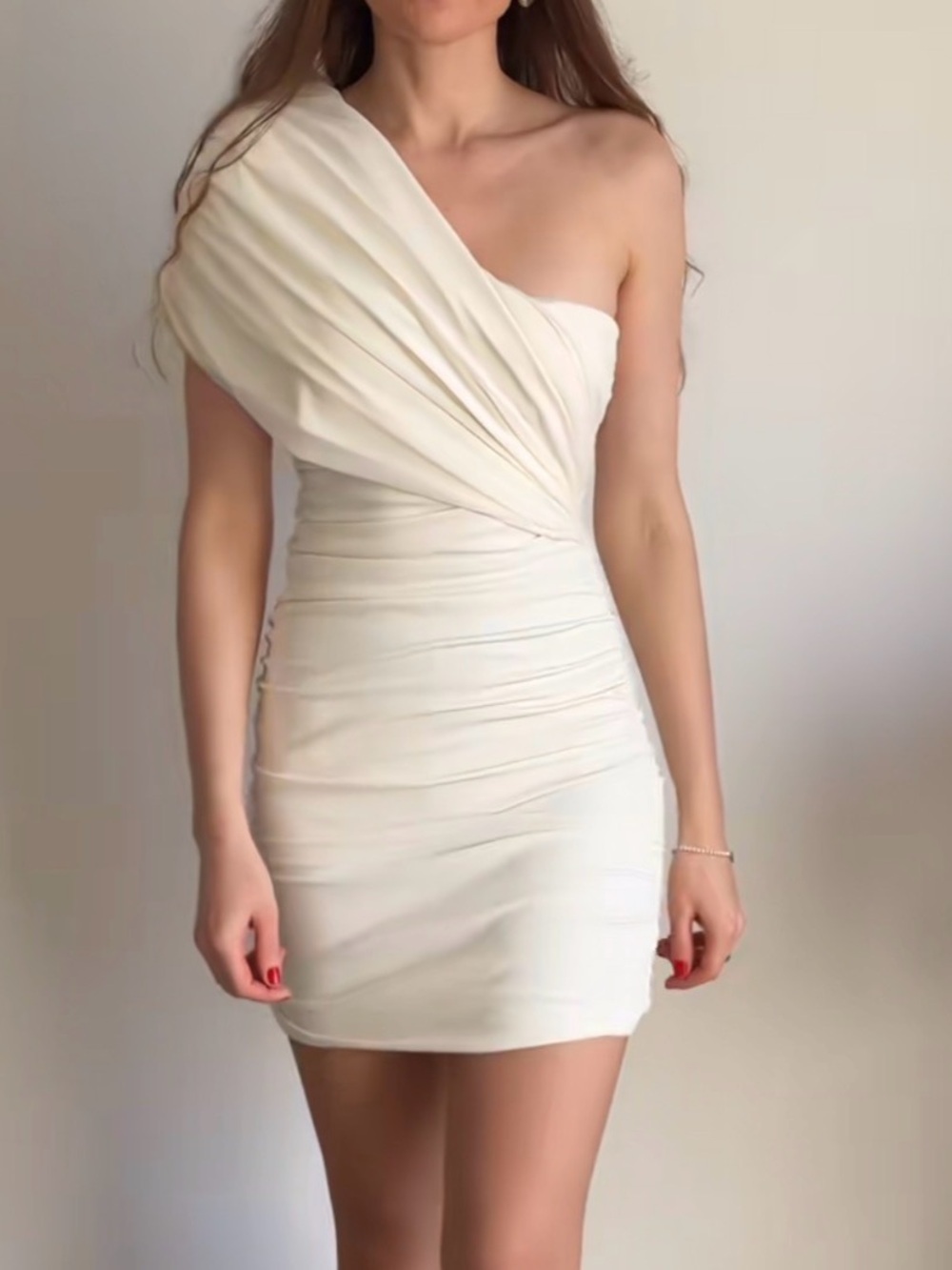 Zara One-Shoulder Cream Draped Bodycon Dress